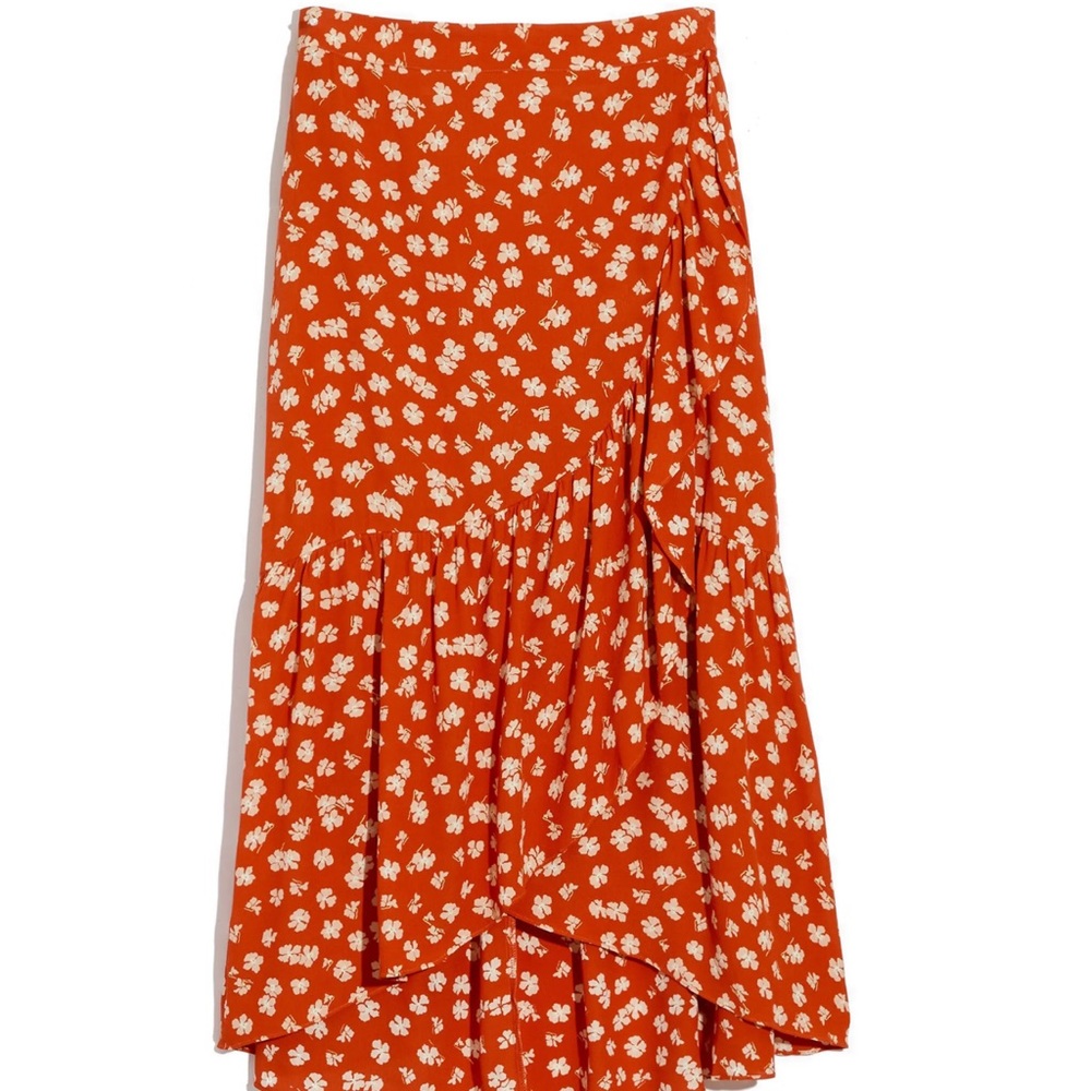 Madewell Happy Red Hibiscus Ruffle Faux Wrap Midi Skirt